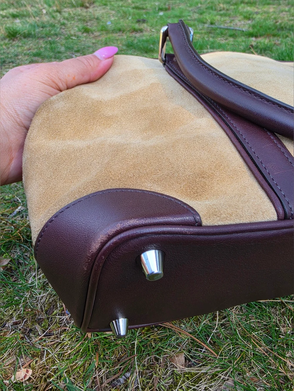 Coach Hampton Beige Tan Suade & Brown Leather Medium Carryall Tote Bag Satchel